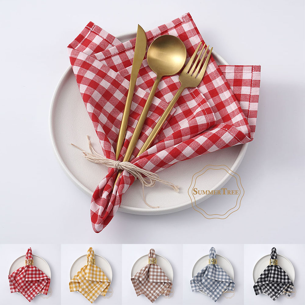 Linen Napkin Set - Gingham Baumwoll-Serviette 42x42cm Kleinkarierte Stoffserviette Rot